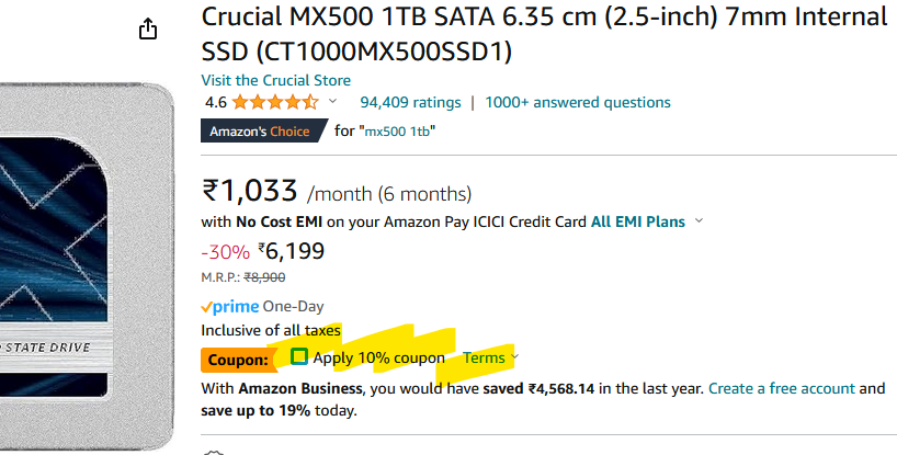  Buy Crucial MX500 1TB SATA 6.35 cm (2.5-inch) 7mm