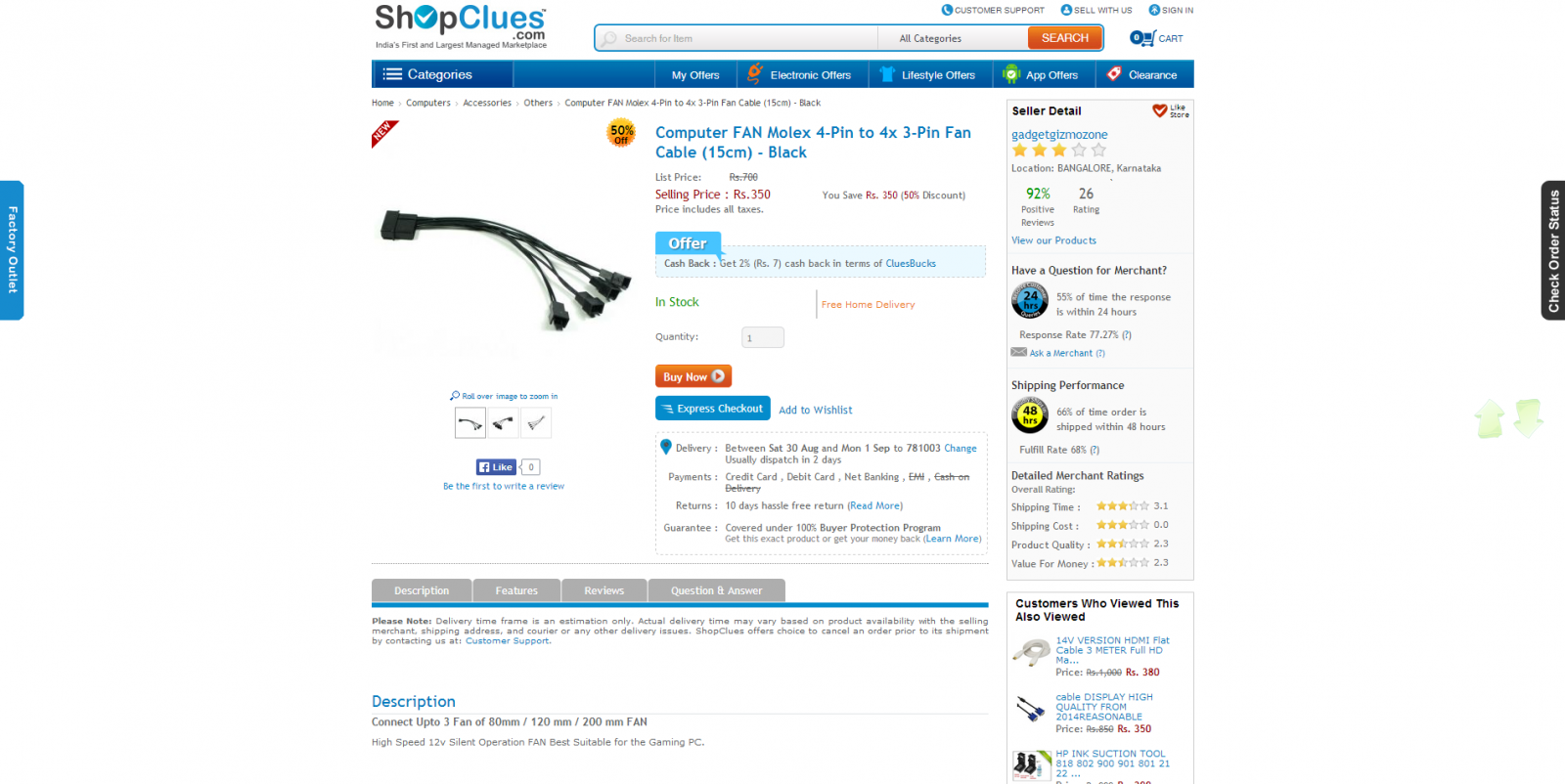 Computer FAN Molex 4 Pin to 4x 3 Pin Fan Cable  15cm    Black.png