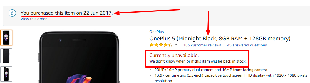 OnePlus 5  Midnight Black  8GB RAM   128GB memory   Amazon.in  Electronics.png