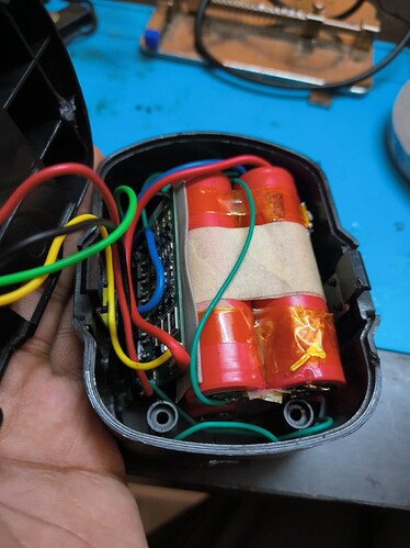 inside of the the battery pack with cells and bms visible