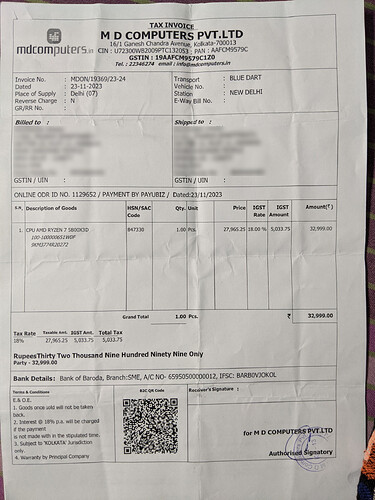 Receipt - CPU 5800X3D