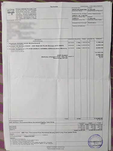 Receipt - MOBO B550, PSU CX650, RAM 2LPX