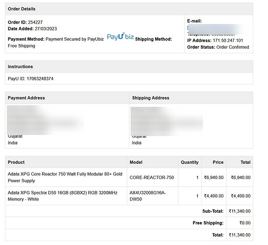 XPG 750W PSU - invoice