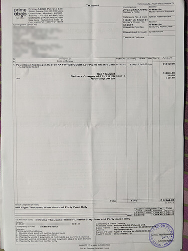 Receipt - GPU RX550